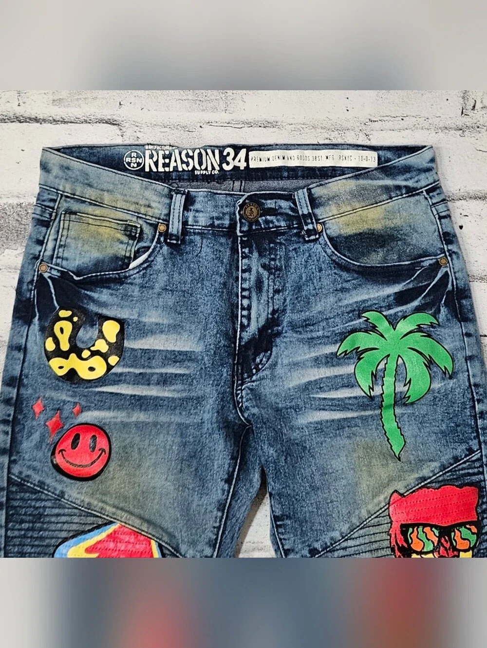 Reason New York Graphic Moto Patch Jeans Slim Fit Denim Mens 30x30 - Picture 8 of 16